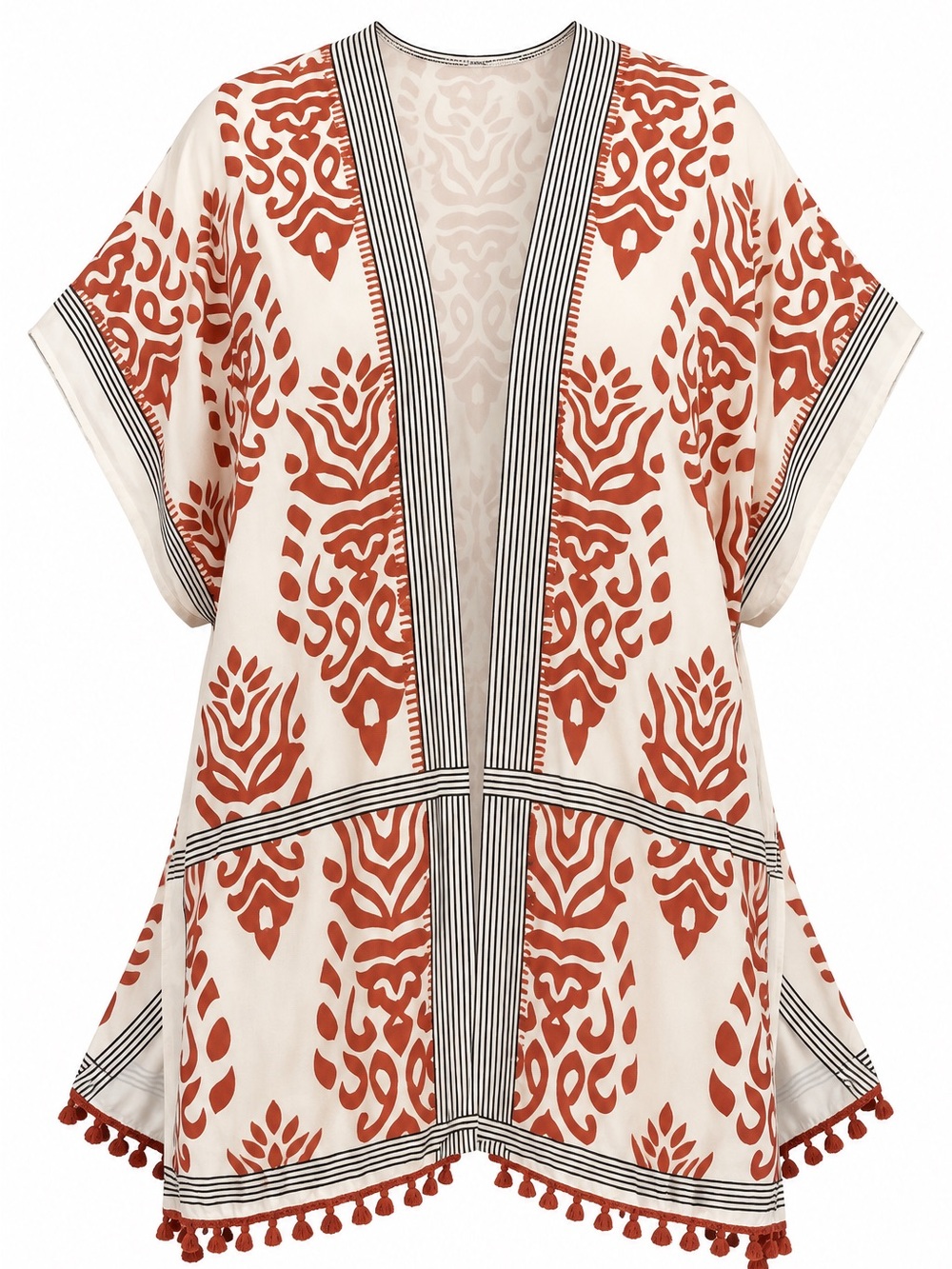Cream & Rust Patterned Kimono Tunic with Tassel Trim